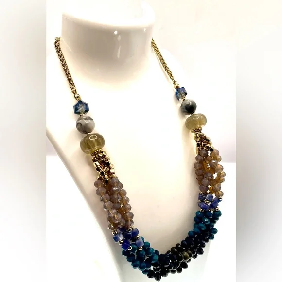3 for $30 SHB Gold Tone Multistrand Intertwined Sparkling Beaded Necklace Choker - Picture 4 of 8